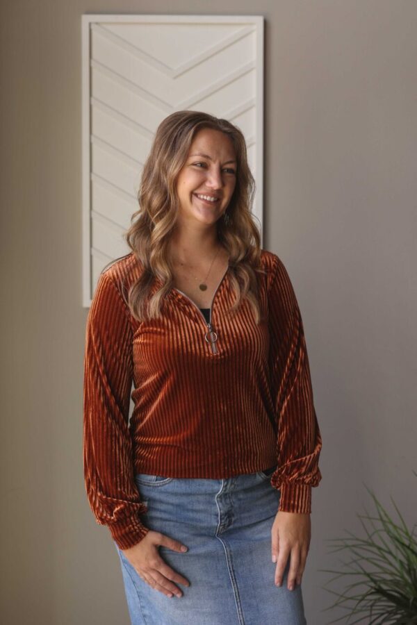 Chestnut Half Zip Ribbed Velvet Top