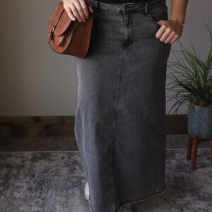 Dark Grey Denim Back Slit Maxi Skirt