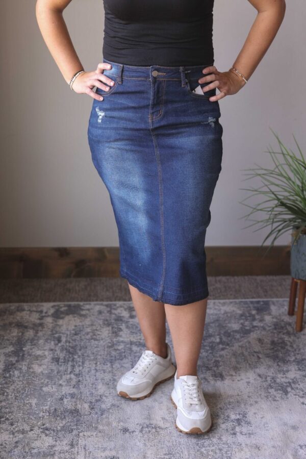 Emily Dark Wash Back Slit Denim Skirt