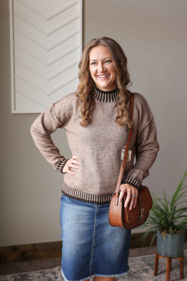 Khaki Contrast Trim Mock Neck Sweater