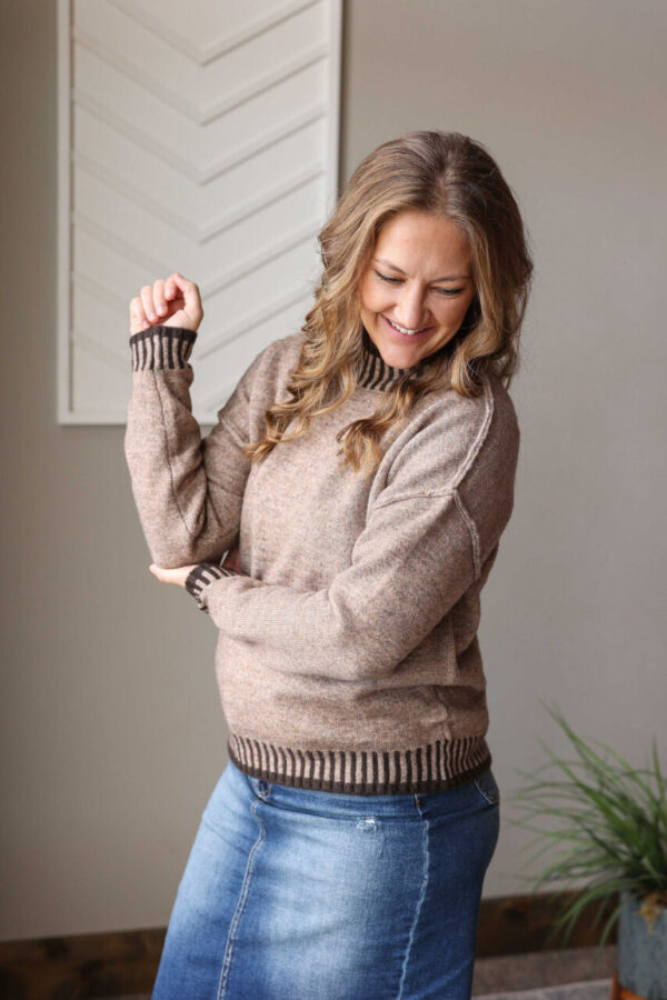 Khaki Contrast Trim Mock Neck Sweater