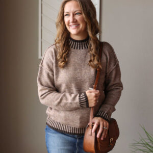 Khaki Contrast Trim Mock Neck Sweater