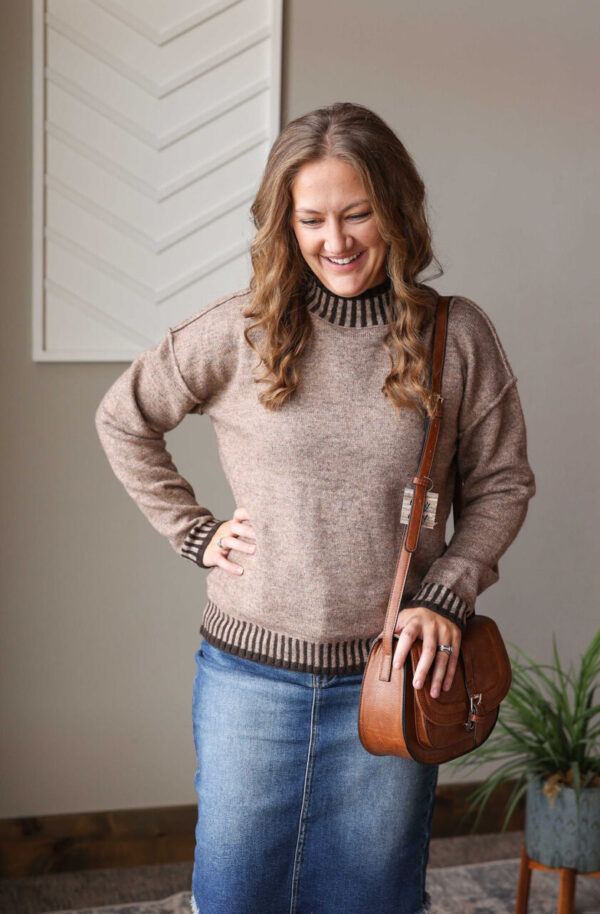 Khaki Contrast Trim Mock Neck Sweater