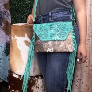 Aztec Turquoise Cowhide Fringe Crossbody