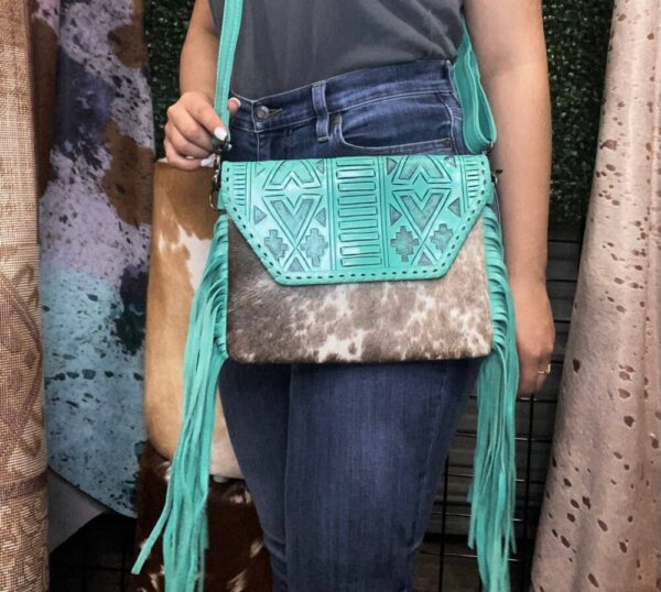 Aztec Turquoise Cowhide Fringe Crossbody