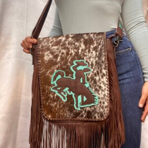 Teal Bucking Horse Cowhide & Fringe Crossbody 