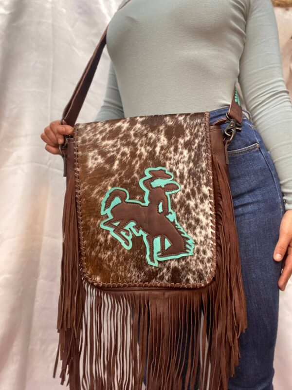 Teal Bucking Horse Cowhide & Fringe Crossbody 