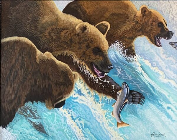 “Bears on Brook’s Fall” Oil Painting