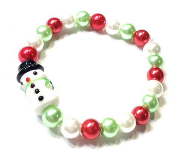 Handmade Red Green & White Snowman Stretch Bracelet