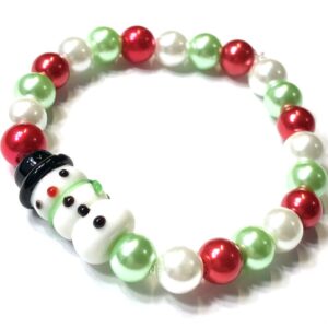 Handmade Red Green & White Snowman Stretch Bracelet