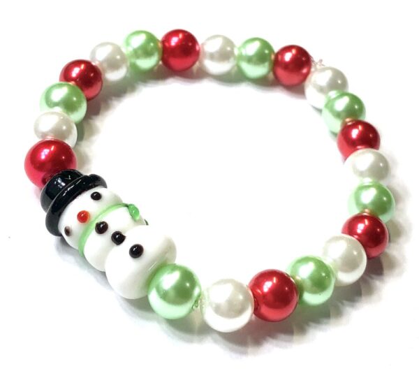 Handmade Red Green & White Snowman Stretch Bracelet