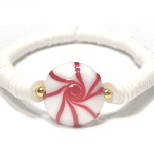 Handmade White Red Peppermint Candy Cane Stretch Bracelet Women Christmas Gift