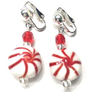 Handmade Peppermint Candy Cane Clip-On Christmas Earrings for Women