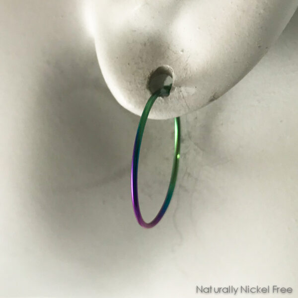 Anodized Niobium Simple Hoop Earrings, Green and Purple, 3/4 inch