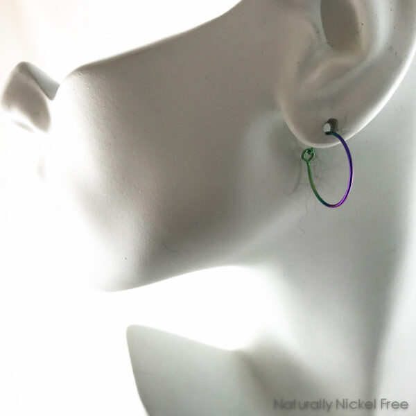 Anodized Niobium Simple Hoop Earrings, Green and Purple, 3/4 inch