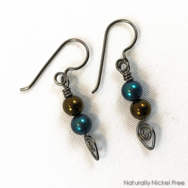 Titanium Bead Dangle Earrings, Anodized Blue & Bronze