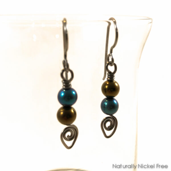 Titanium Bead Dangle Earrings, Anodized Blue & Bronze