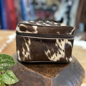 Brown Leather Cowhide Makeup Bag with Handle