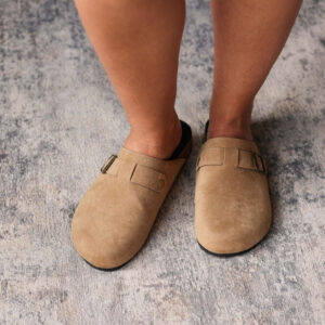 Beige Suede Buckle Detail Slide Slip-On Shoes