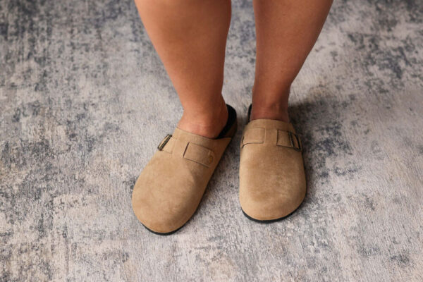 Beige Suede Buckle Detail Slide Slip-On Shoes