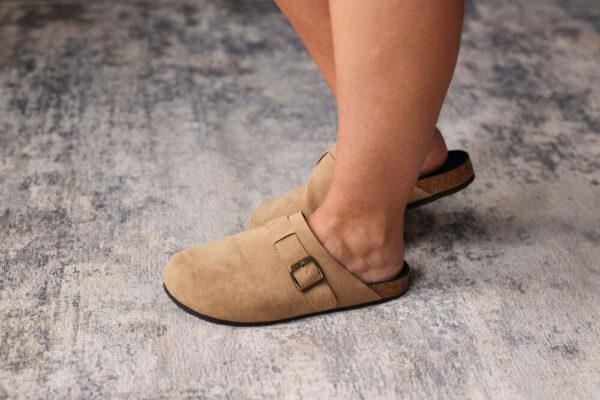 Beige Suede Buckle Detail Slide Slip-On Shoes