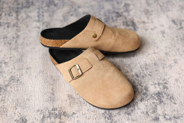 Beige Suede Buckle Detail Slide Slip-On Shoes