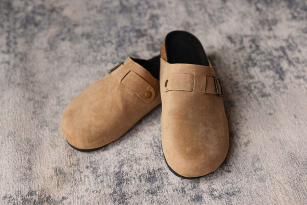 Beige Suede Buckle Detail Slide Slip-On Shoes