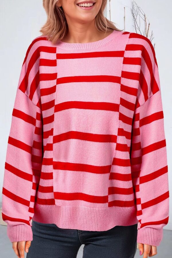 Stripe Long Sleeve Crew Neck Ribbed Trim Knit Sweater