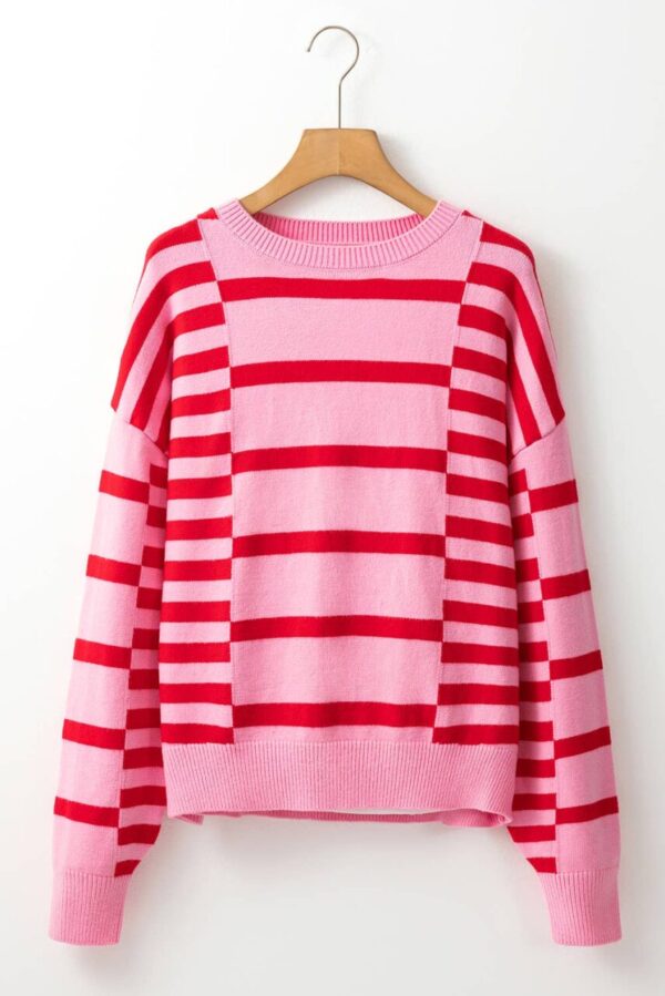 Stripe Long Sleeve Crew Neck Ribbed Trim Knit Sweater