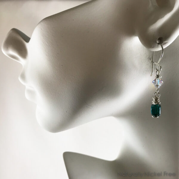 Green Glass & Crystal Silver Earrings