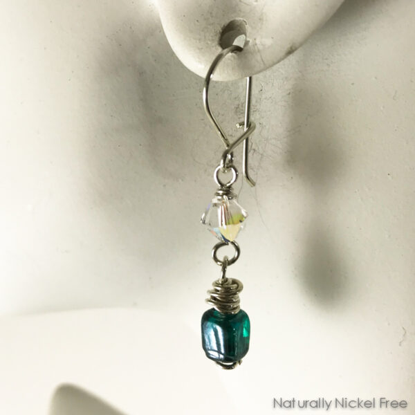 Green Glass & Crystal Silver Earrings