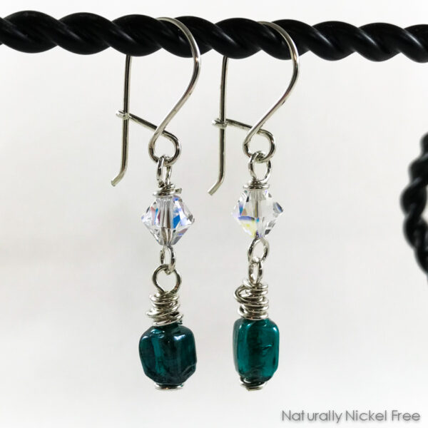 Green Glass & Crystal Silver Earrings