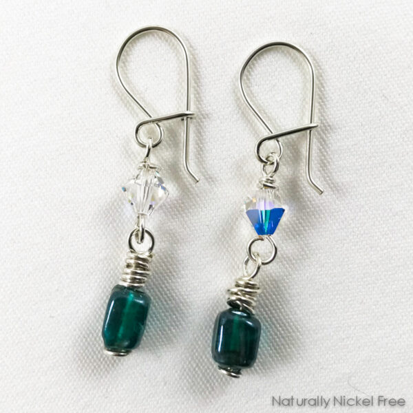 Green Glass & Crystal Silver Earrings