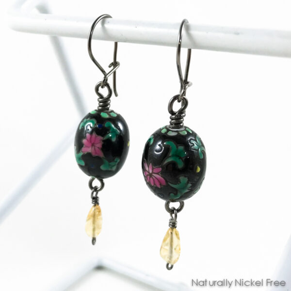 Black Floral Glass Earrings with Citrine Drop