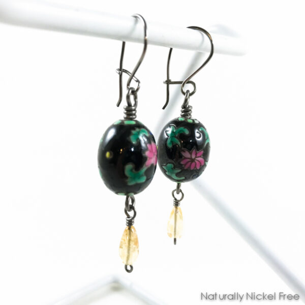 Black Floral Glass Earrings with Citrine Drop