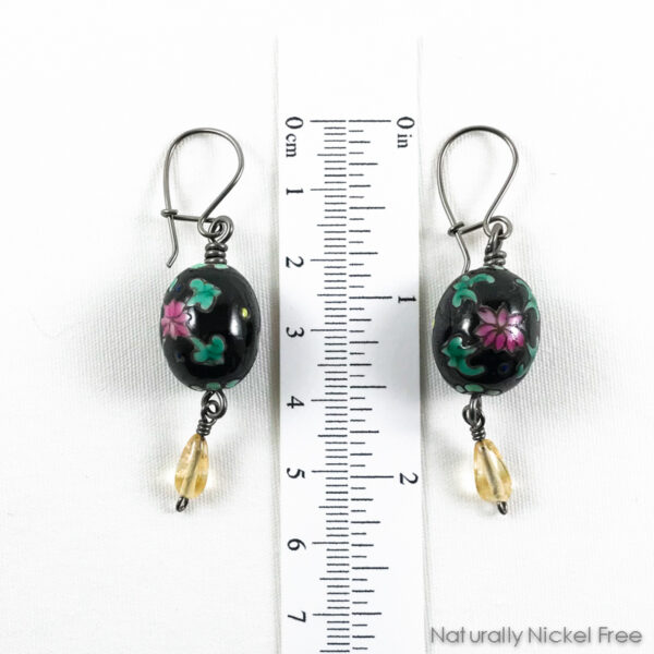 Black Floral Glass Earrings with Citrine Drop