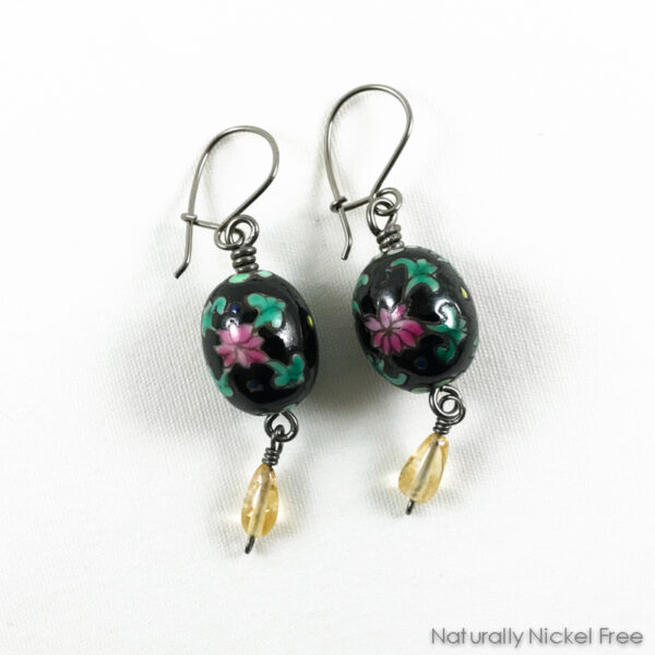 Black Floral Glass Earrings with Citrine Drop