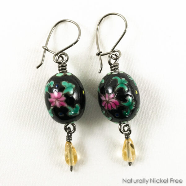 Black Floral Glass Earrings with Citrine Drop