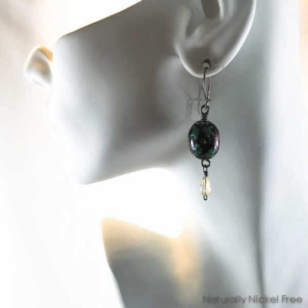 Black Floral Glass Earrings with Citrine Drop