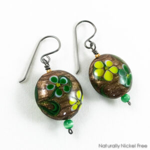 Golden Lampwork Glass Floral Niobium Earrings