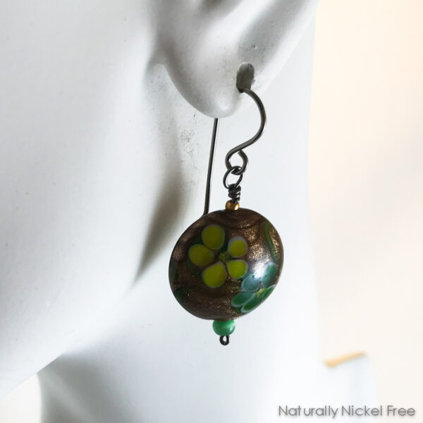 Golden Lampwork Glass Floral Niobium Earrings