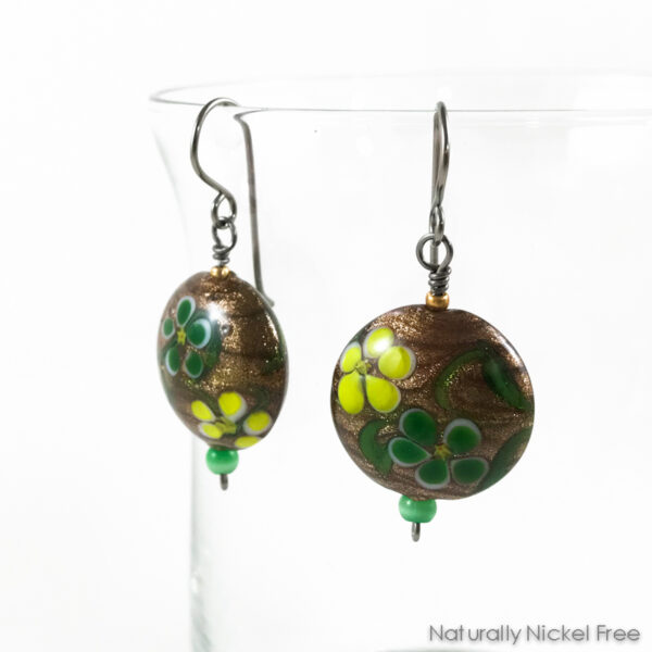 Golden Lampwork Glass Floral Niobium Earrings