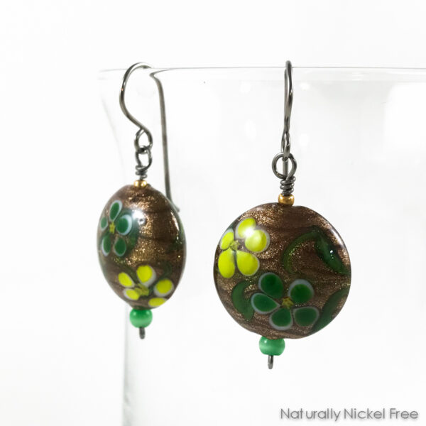 Golden Lampwork Glass Floral Niobium Earrings