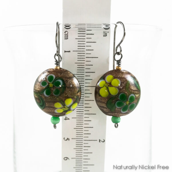 Golden Lampwork Glass Floral Niobium Earrings