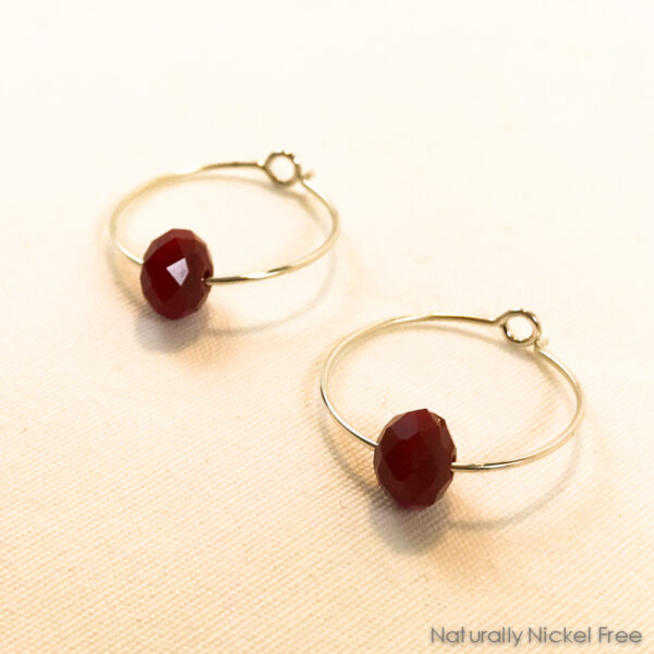 Silver Hoop Earrings with Bright Red Glass Bead