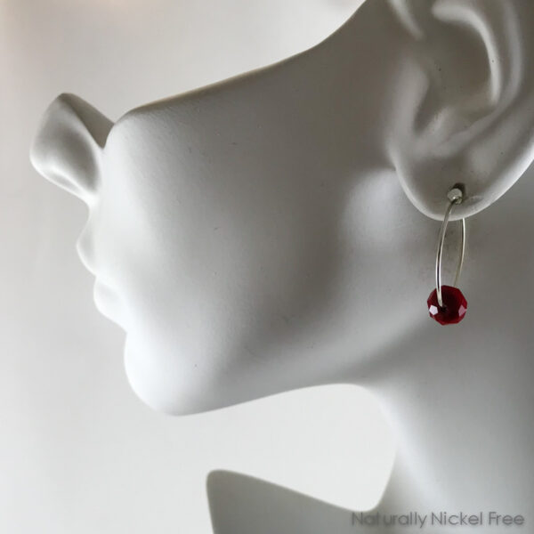 Silver Hoop Earrings with Bright Red Glass Bead