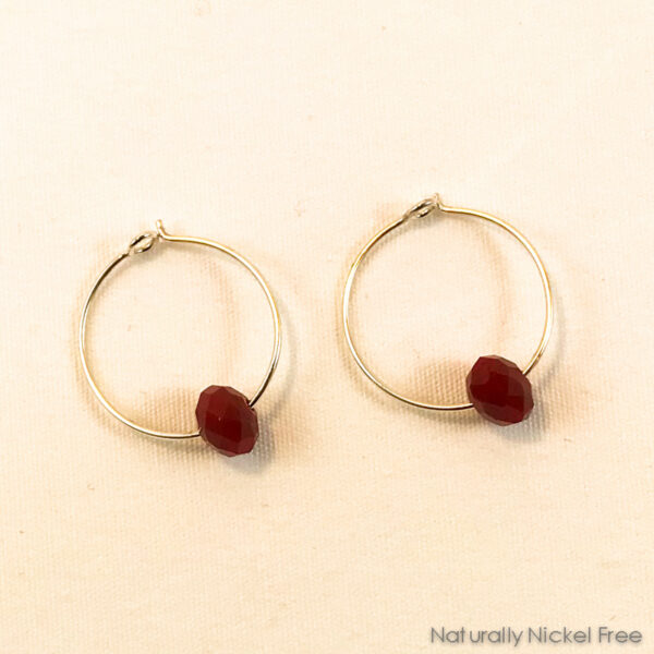 Silver Hoop Earrings with Bright Red Glass Bead