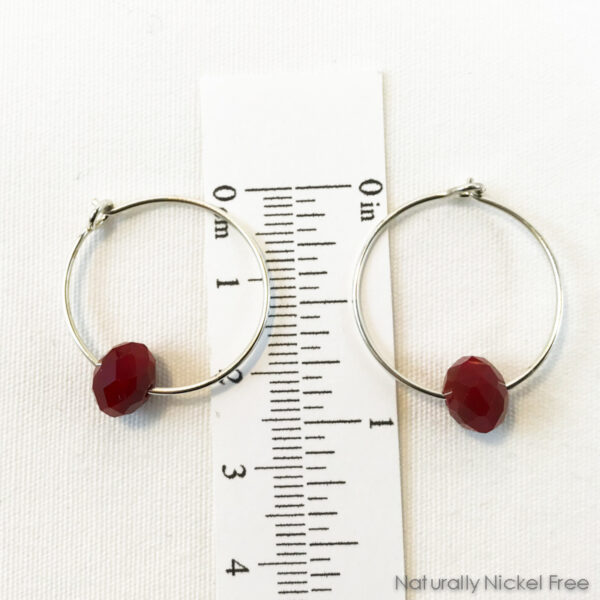 Silver Hoop Earrings with Bright Red Glass Bead