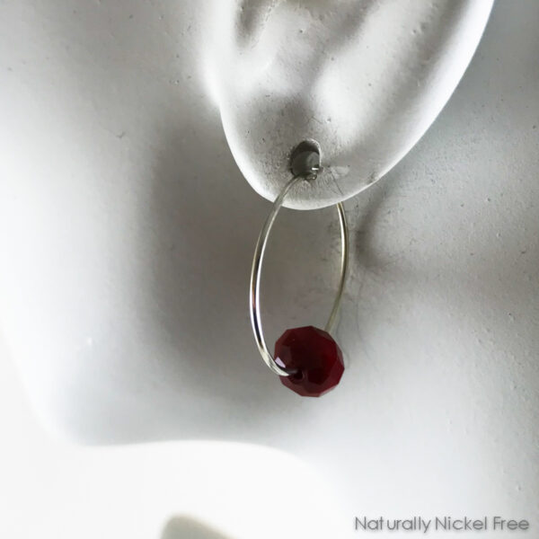 Silver Hoop Earrings with Bright Red Glass Bead