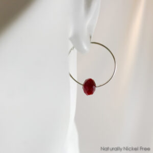 Silver Hoop Earrings with Bright Red Glass Bead